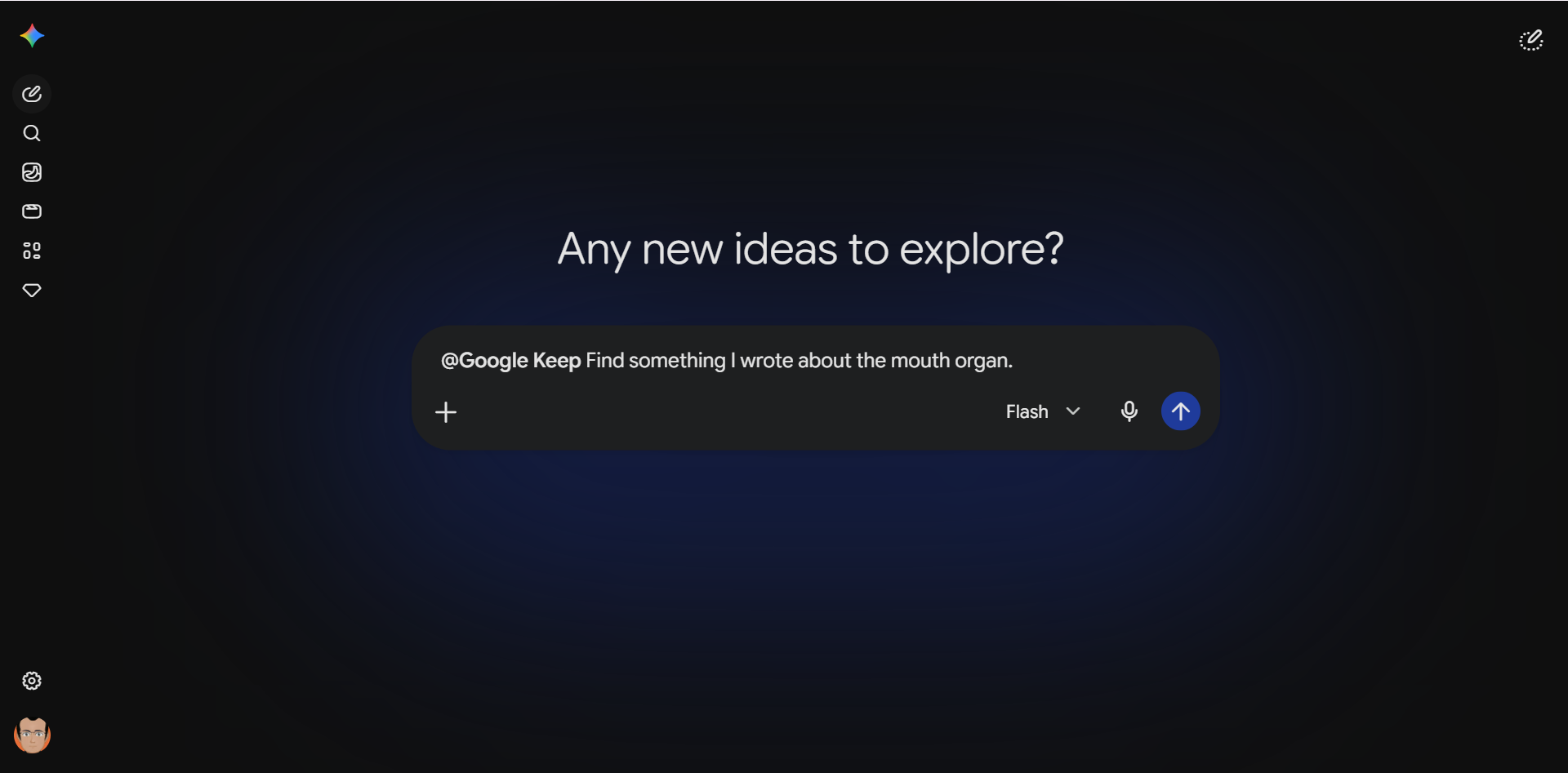 Gemini prompt with a natural language query typed using the @Google Keep connector.