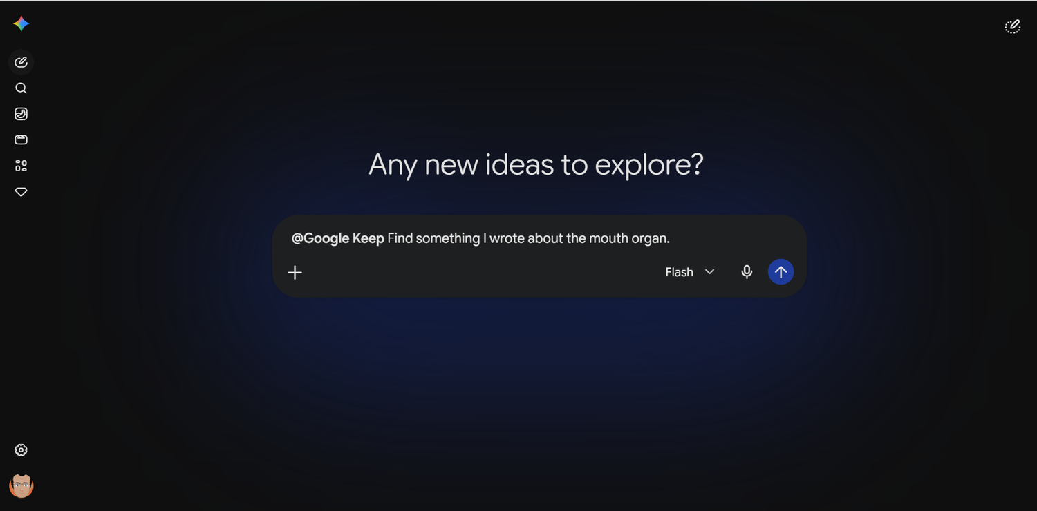 Gemini prompt with a natural language query typed using the @Google Keep connector.