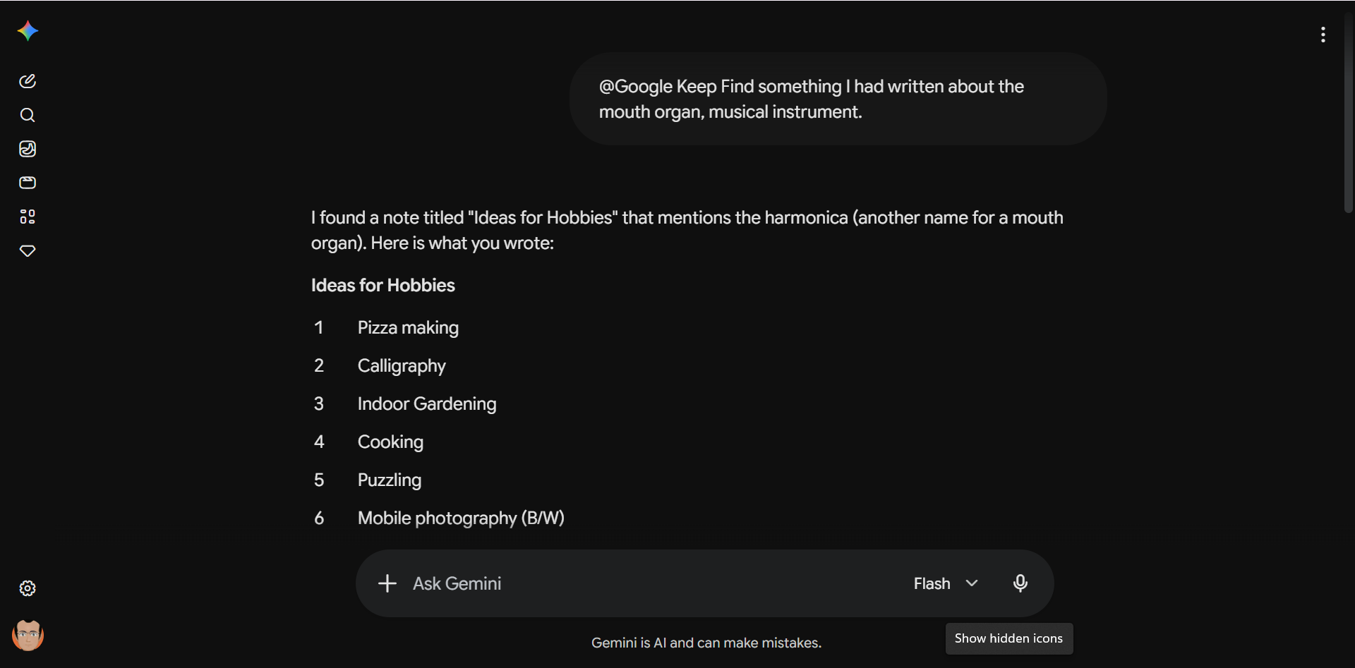 Gemini returning a Google Keep note about the harmonica in response to a "mouth organ" query.