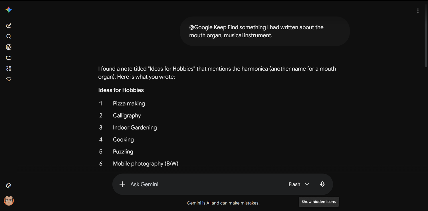 Gemini returning a Google Keep note about the harmonica in response to a "mouth organ" query.