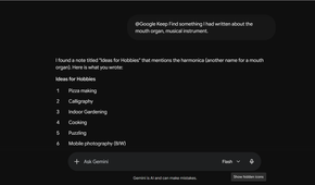 Gemini returning a Google Keep note about the harmonica in response to a "mouth organ" query.