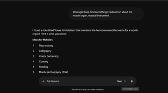 Gemini returning a Google Keep note about the harmonica in response to a "mouth organ" query.