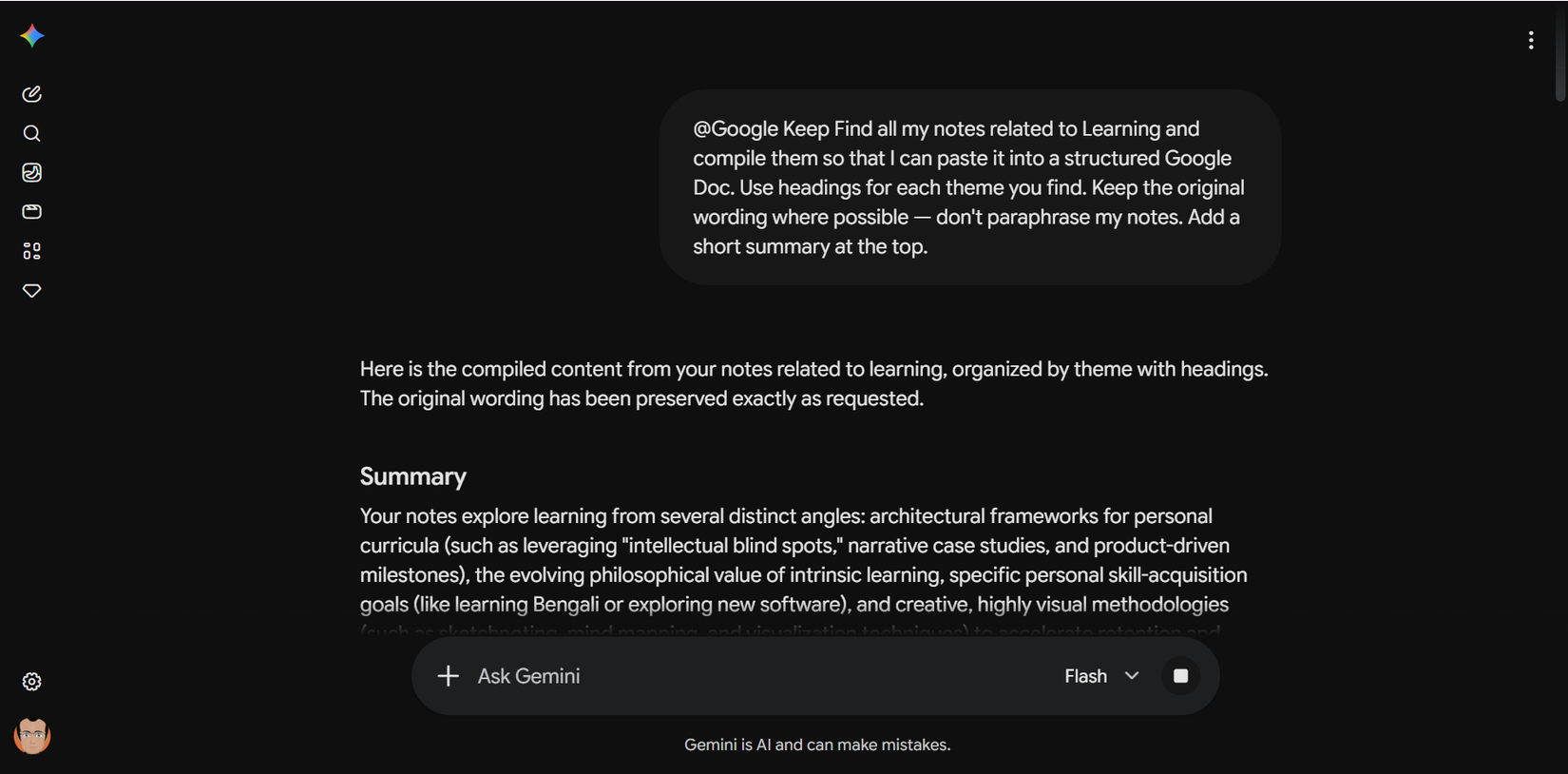 Gemini compiling Google Keep notes for a new Google Doc via a single prompt.