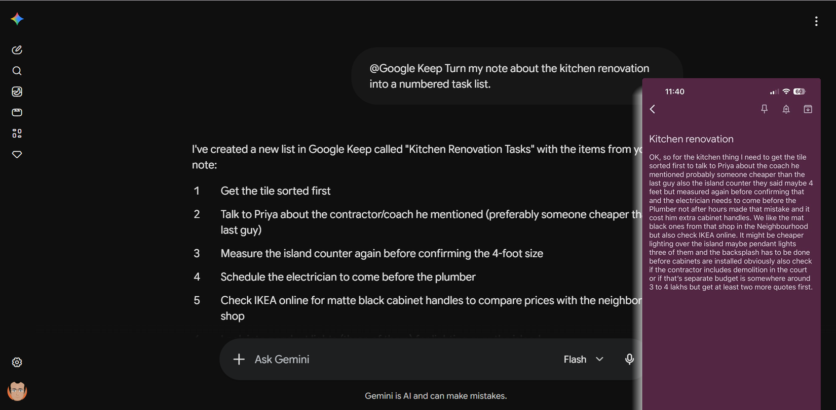 Gemini converting a Google Keep voice memo transcription into a formatted checklist.
