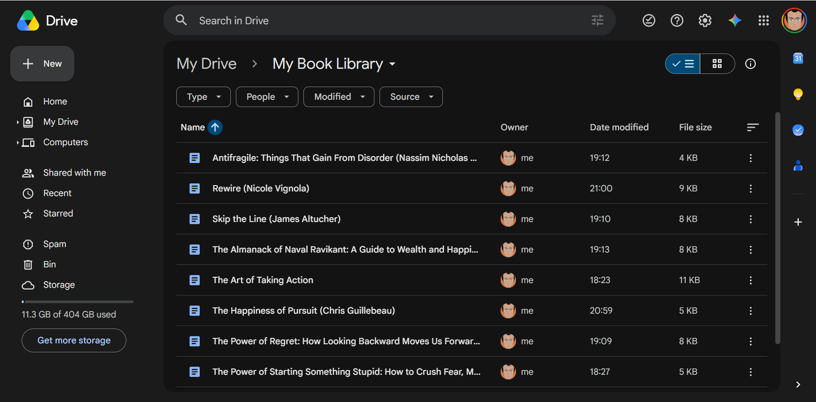 My Book Library という名前の Google ドライブ フォルダー。各書籍の個別の Google ドキュメントが含まれます。
