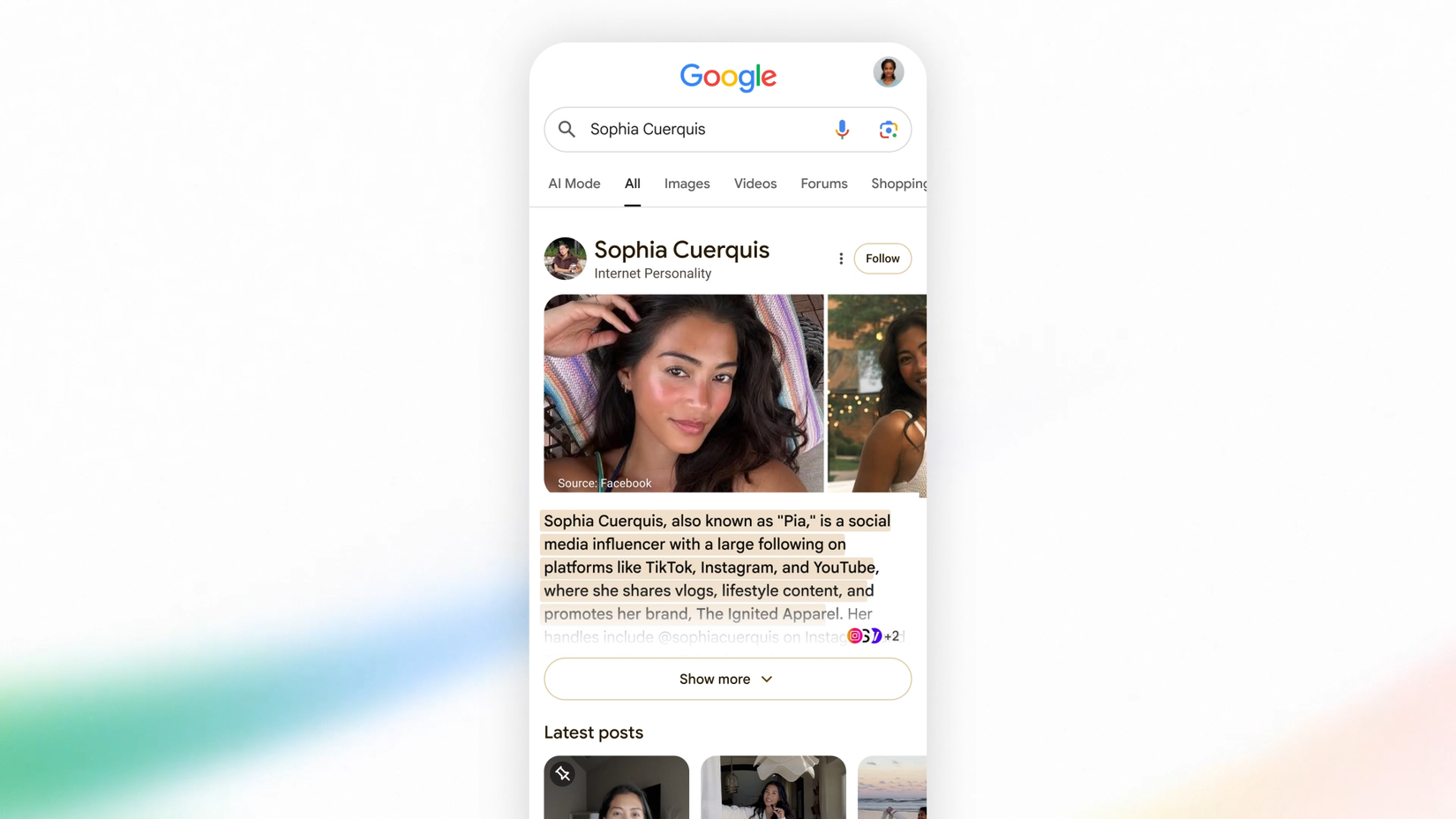 A google search profile for Sophia Cuerquis, enlarged showing photos and information about her