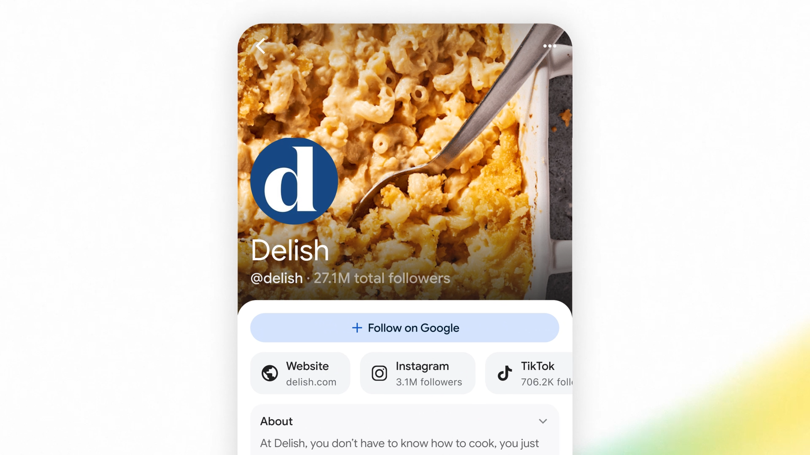 Enlarged google search profile for Delish showing on smartphone mockup