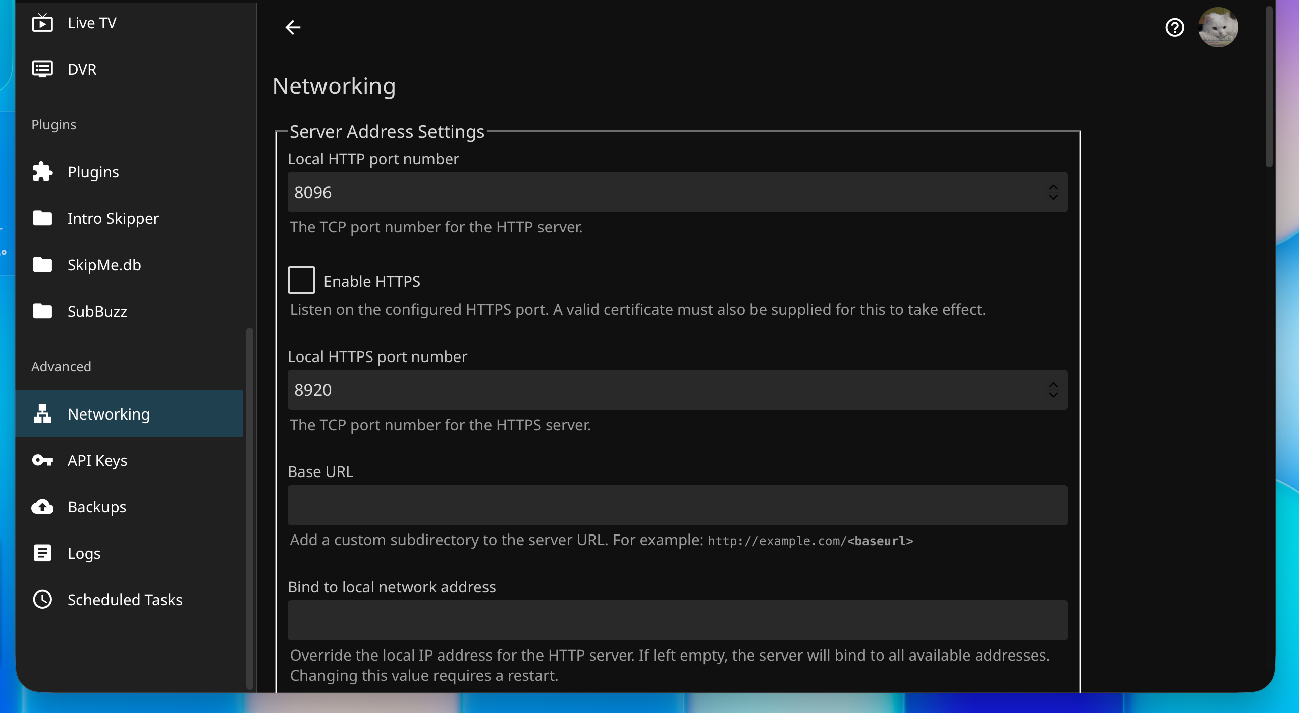 Jellyfin networking settings showing HTTPS 