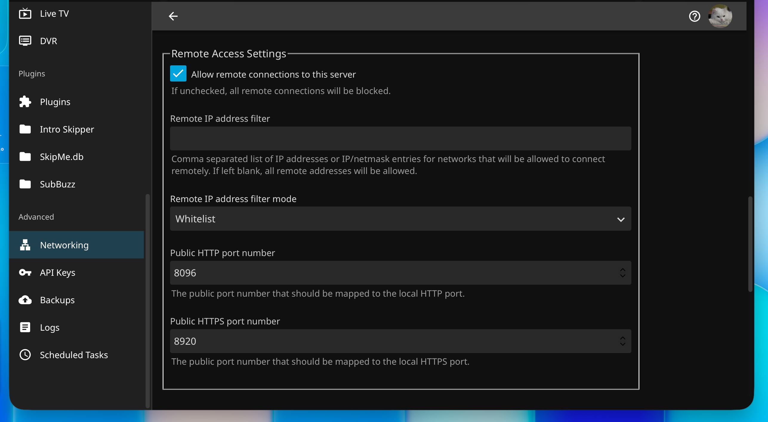 Jellyfin networking settings showing the remote connection option