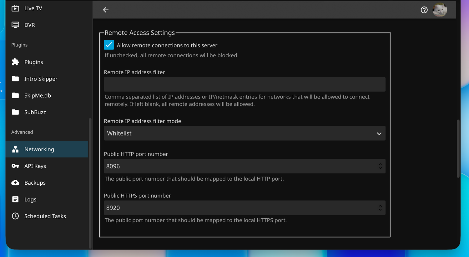 Jellyfin networking settings showing the remote connection option
