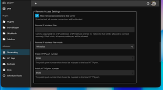 Jellyfin networking settings showing the remote connection option