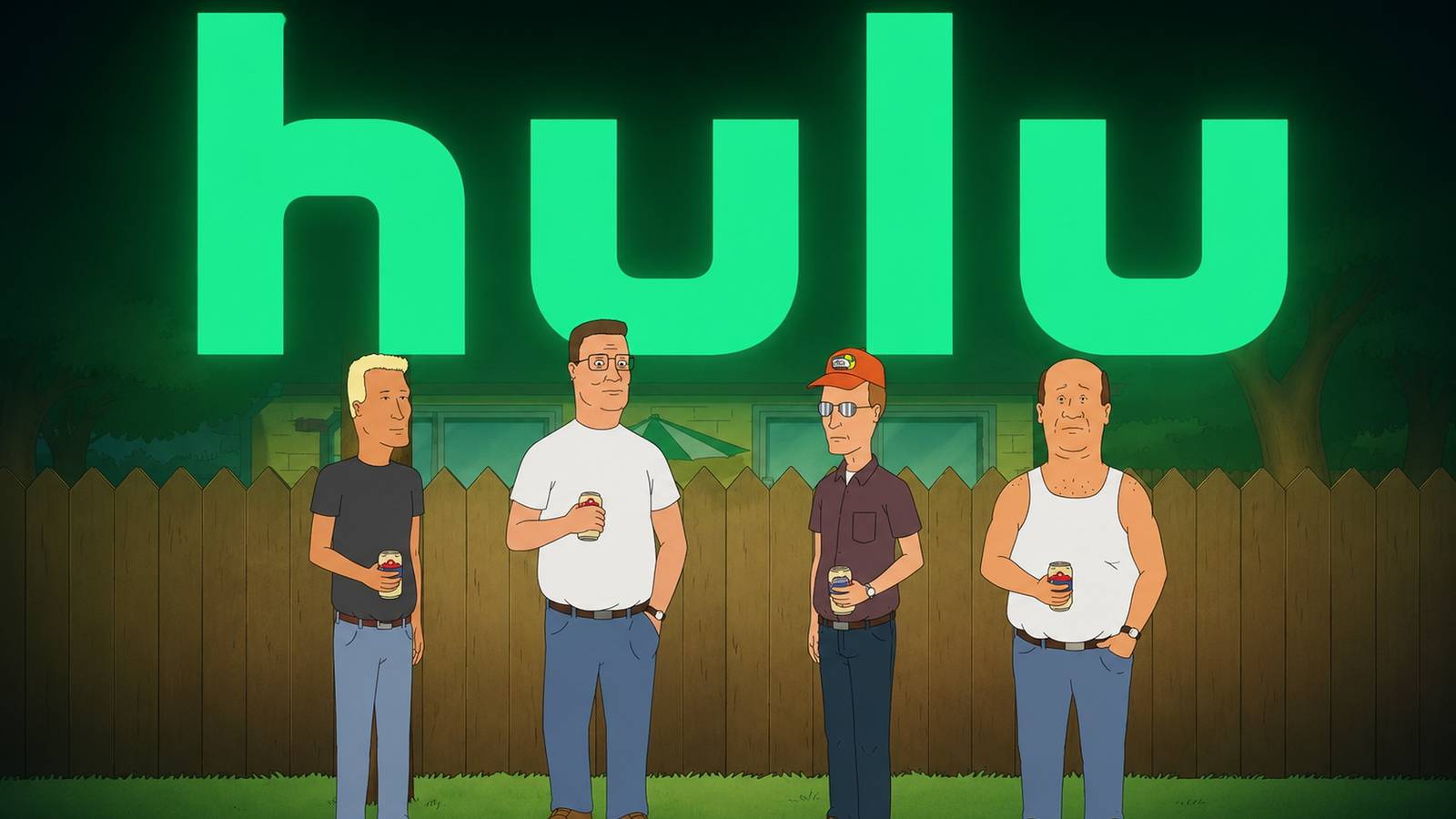 King of the Hill sitcom characters with the Hulu logo behind them