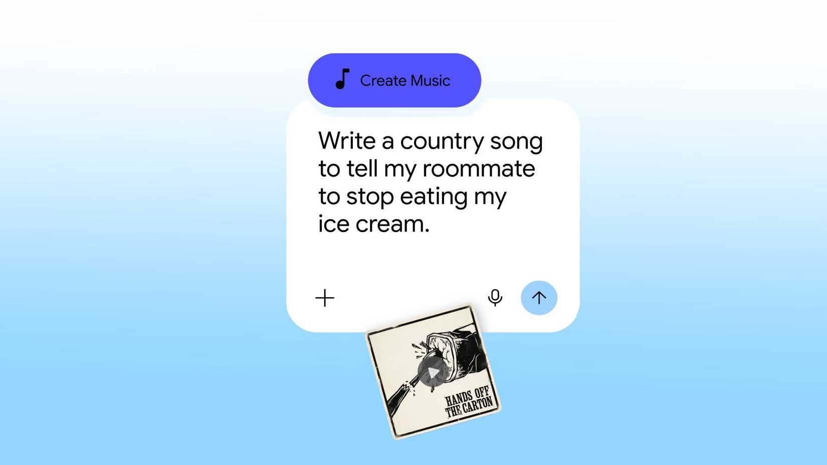 Lyria AI on a gradient blue background, showing prompt to write a country song telling someone to stop eating ice cream