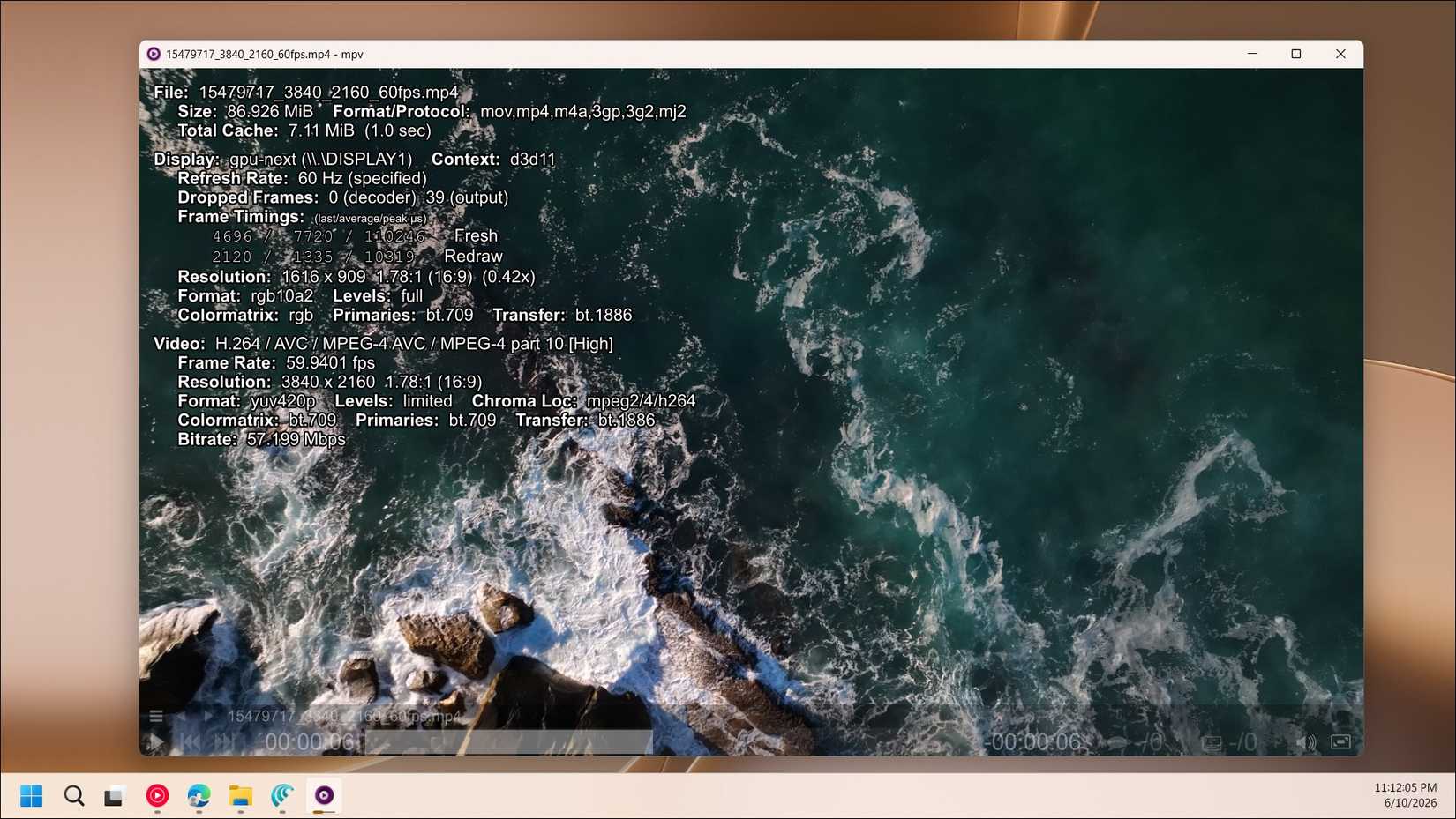 mpv player showing the video play back stats on Windows 11