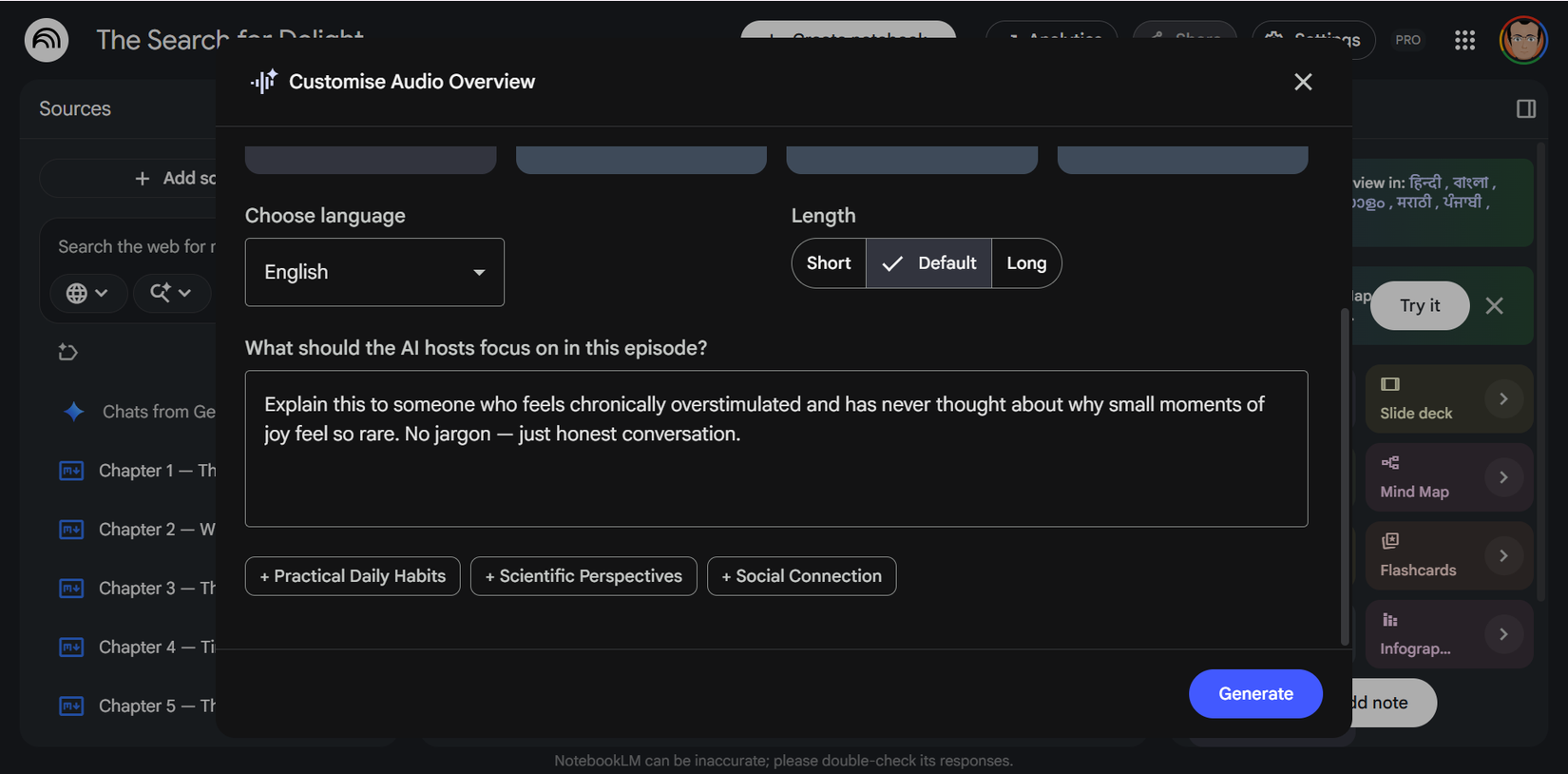 NotebookLM's Customize Audio Overview field with an audience-targeting prompt entered.