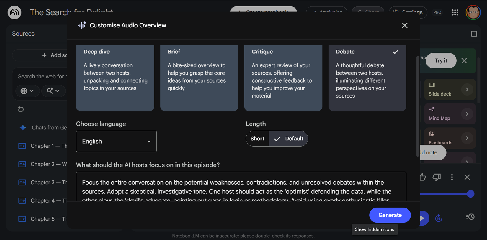 NotebookLM's Customize field showing a debate-style prompt instructing hosts to take opposing positions.