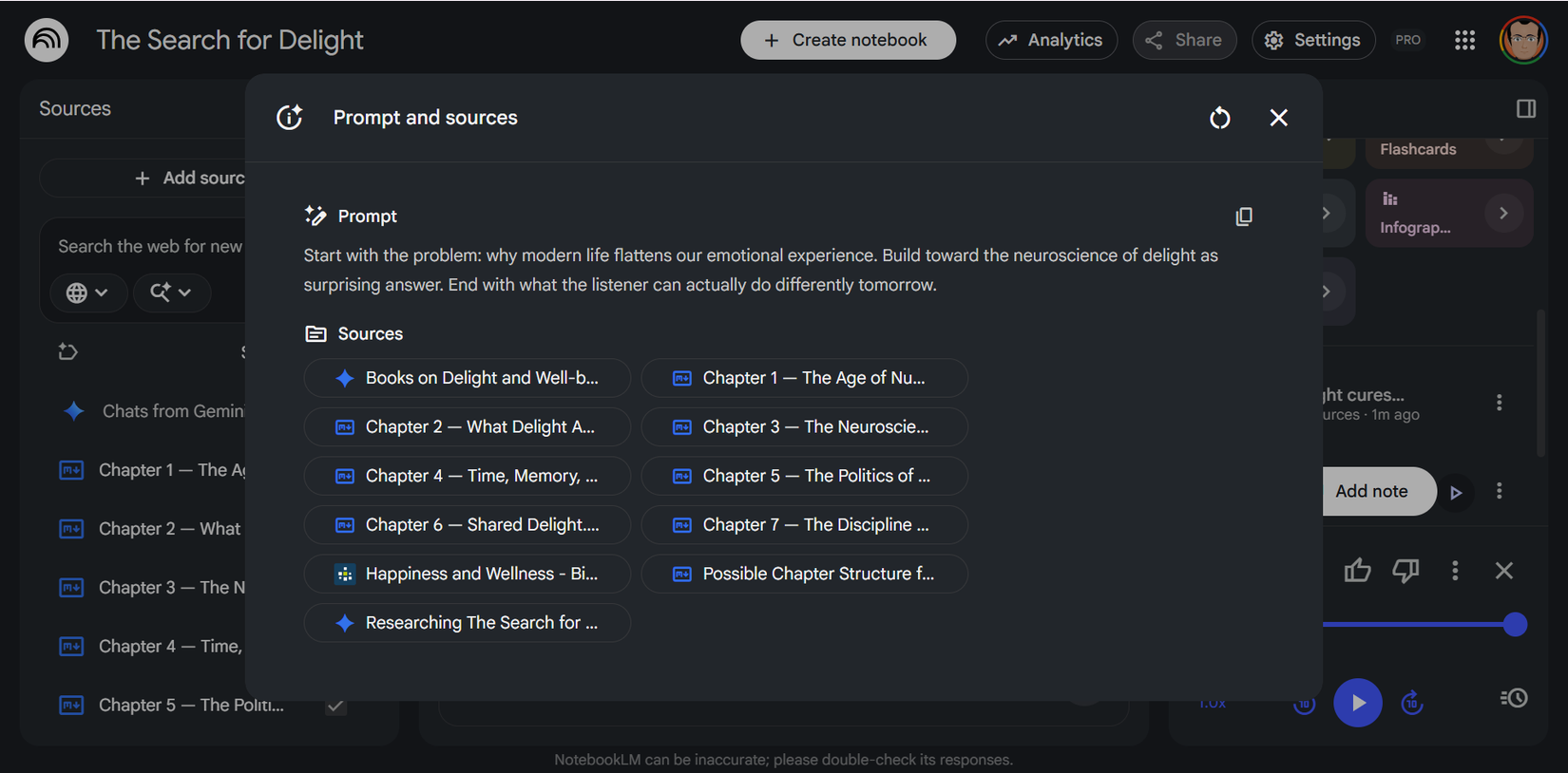 A narrative arc prompt entered in NotebookLM's Customize Audio Overview field.