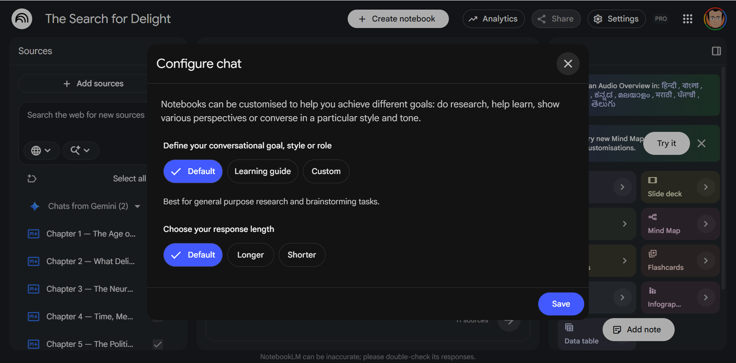 NotebookLM's Configure Chat panel showing the three conversational style options.
