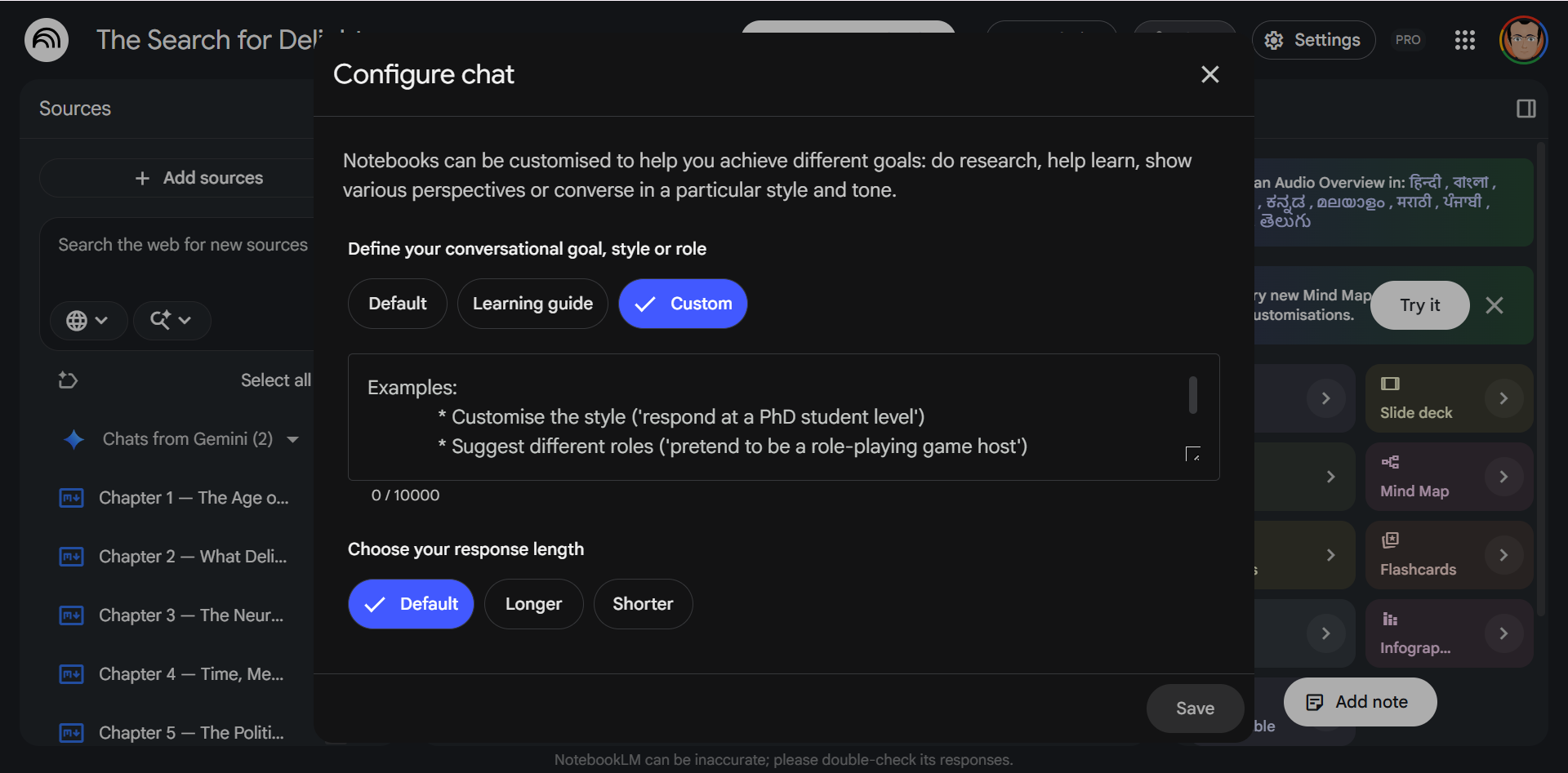 NotebookLM's Custom mode selected in the Configure Chat panel with the instruction text field open.