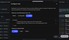 NotebookLM's Custom mode selected in the Configure Chat panel with the instruction text field open.