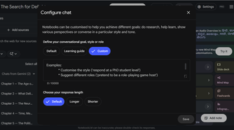 NotebookLM's Custom mode selected in the Configure Chat panel with the instruction text field open.
