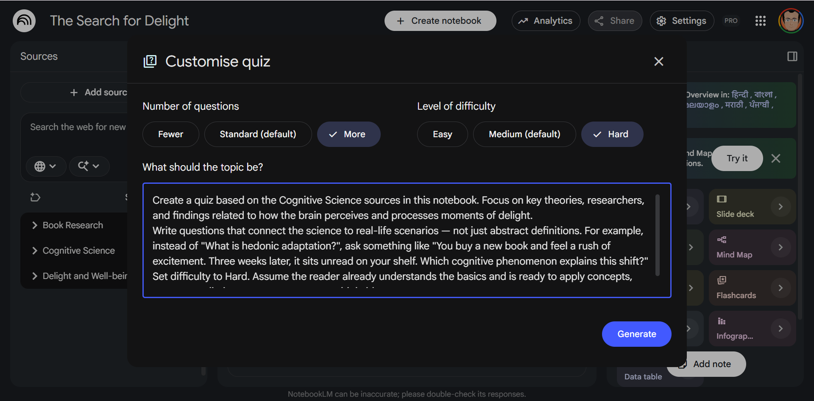 Custom instructions in the Studio tool for ccreating quizzes in NotebookLM.