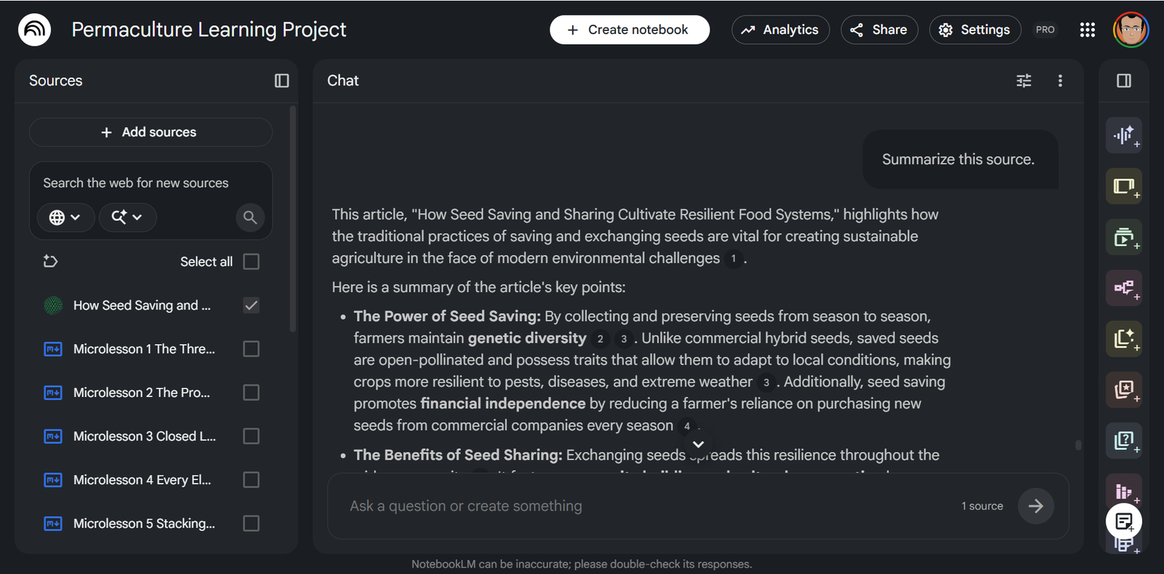 NotebookLM Sources panel showing a single source selected with its summary.
