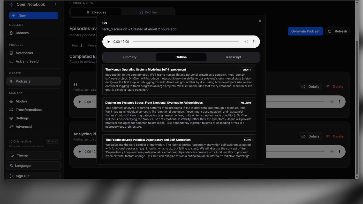 Outline of a podcast in Open Notebook