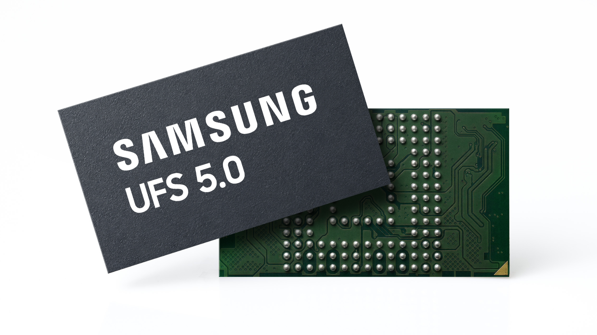 Close-up view of a Samsung UFS 5.0 storage chip showing the green circuit board and metallic contact pins.