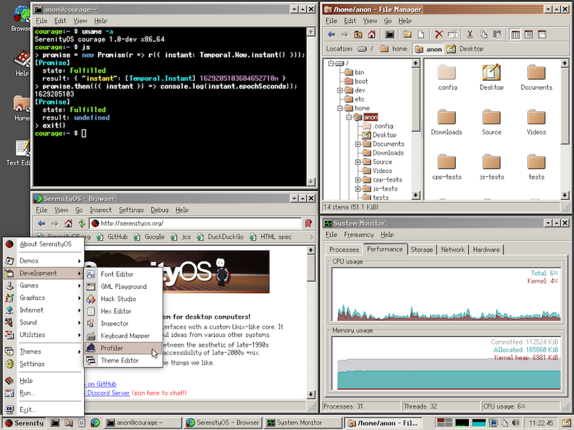 SerenityOS desktop with multiple windows open