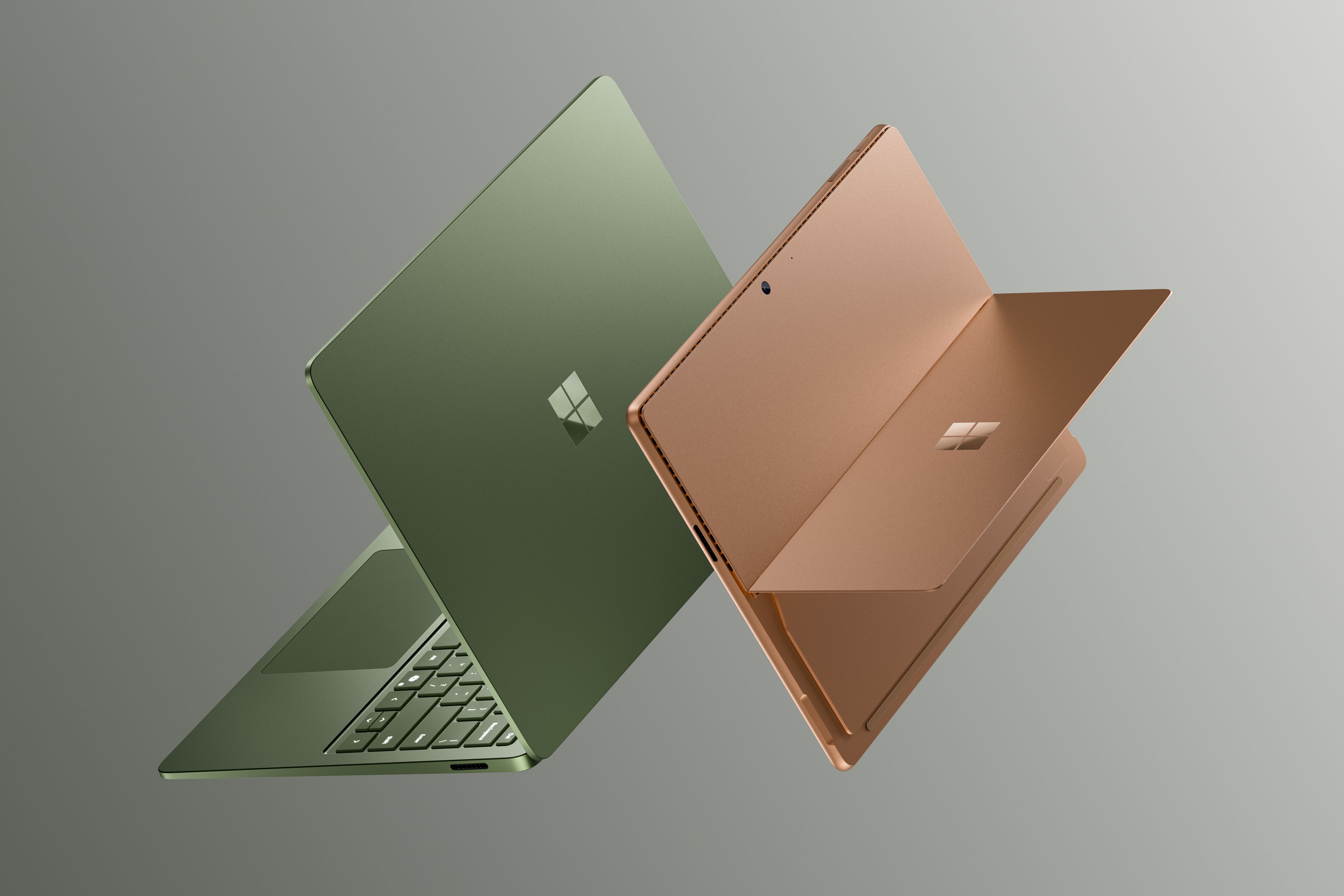 A render of the new Surface Laptop in Jade and the Surface Pro in Dune.