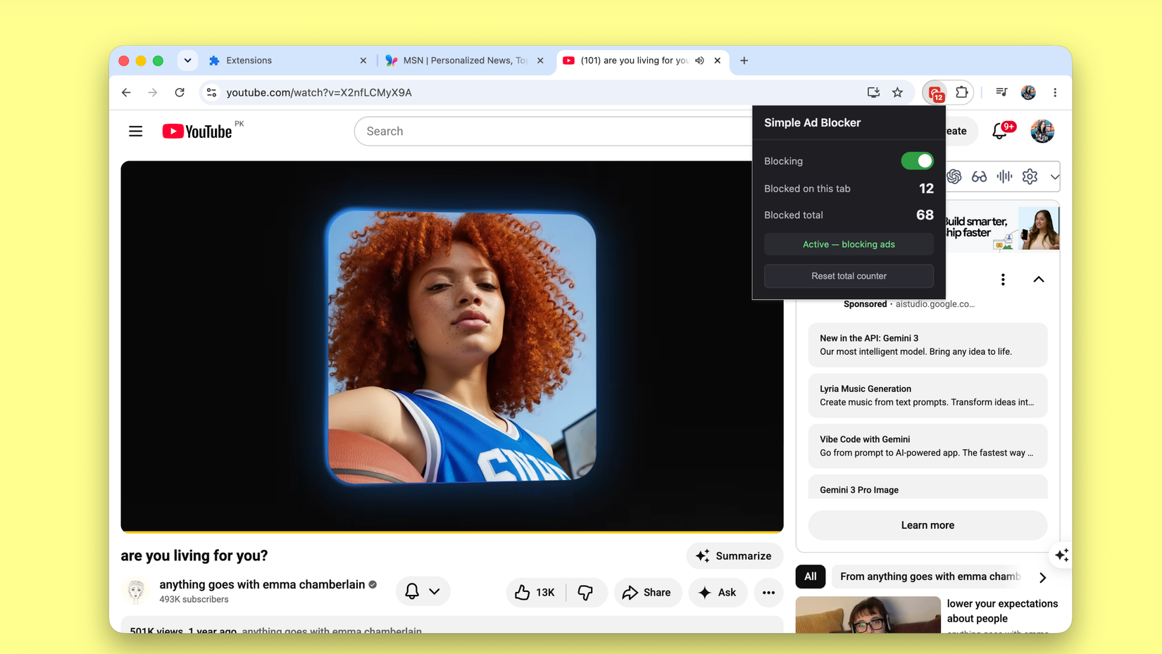 YouTube video with Simple Ad Blocker popup over Gemini sidebar, 68 blocked total