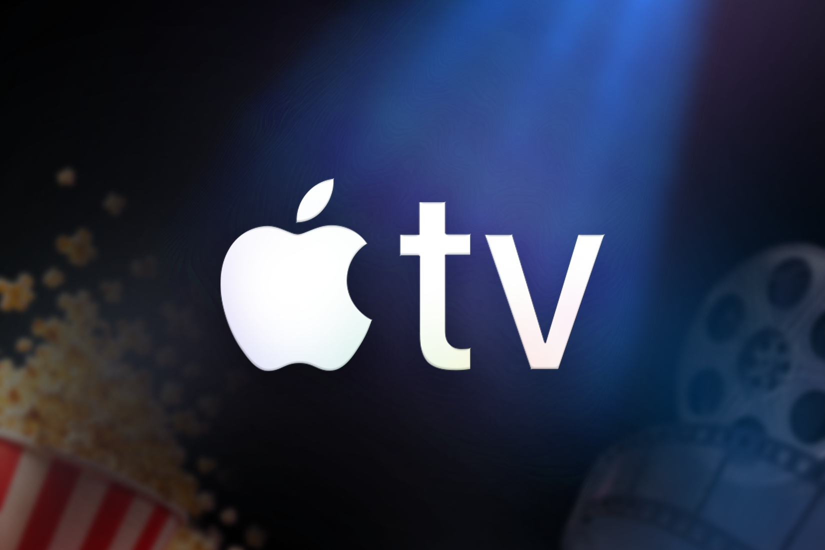 Apple TV logo with popcorn and film reels in the background.