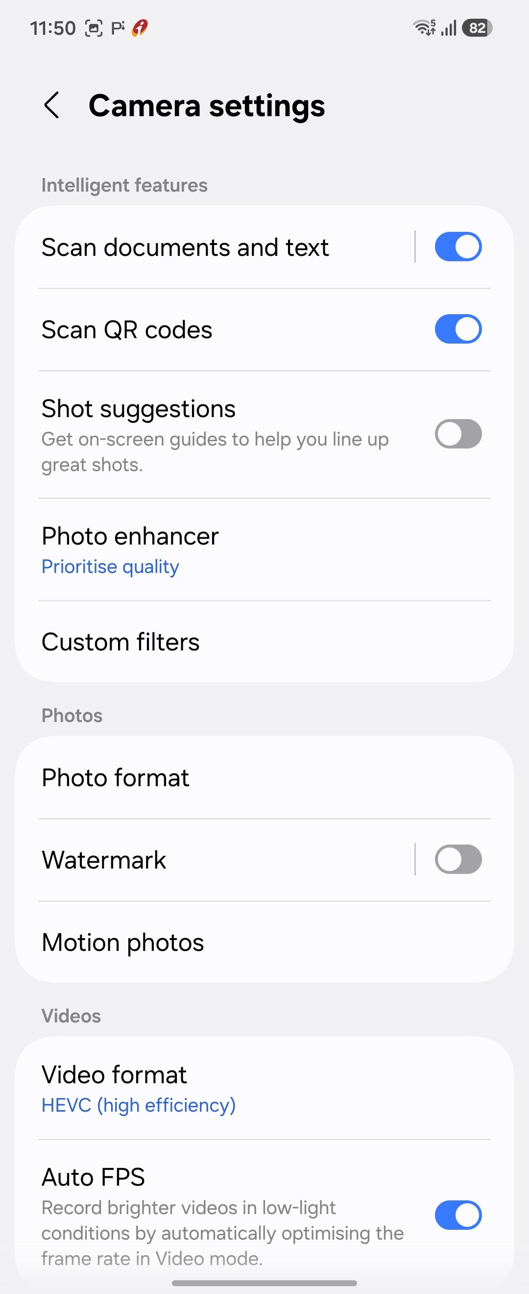 Camera Settings Menu With Intelligent Features And Photo Video Options