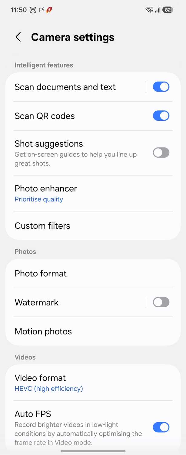 Camera Settings Menu With Intelligent Features And Photo Video Options