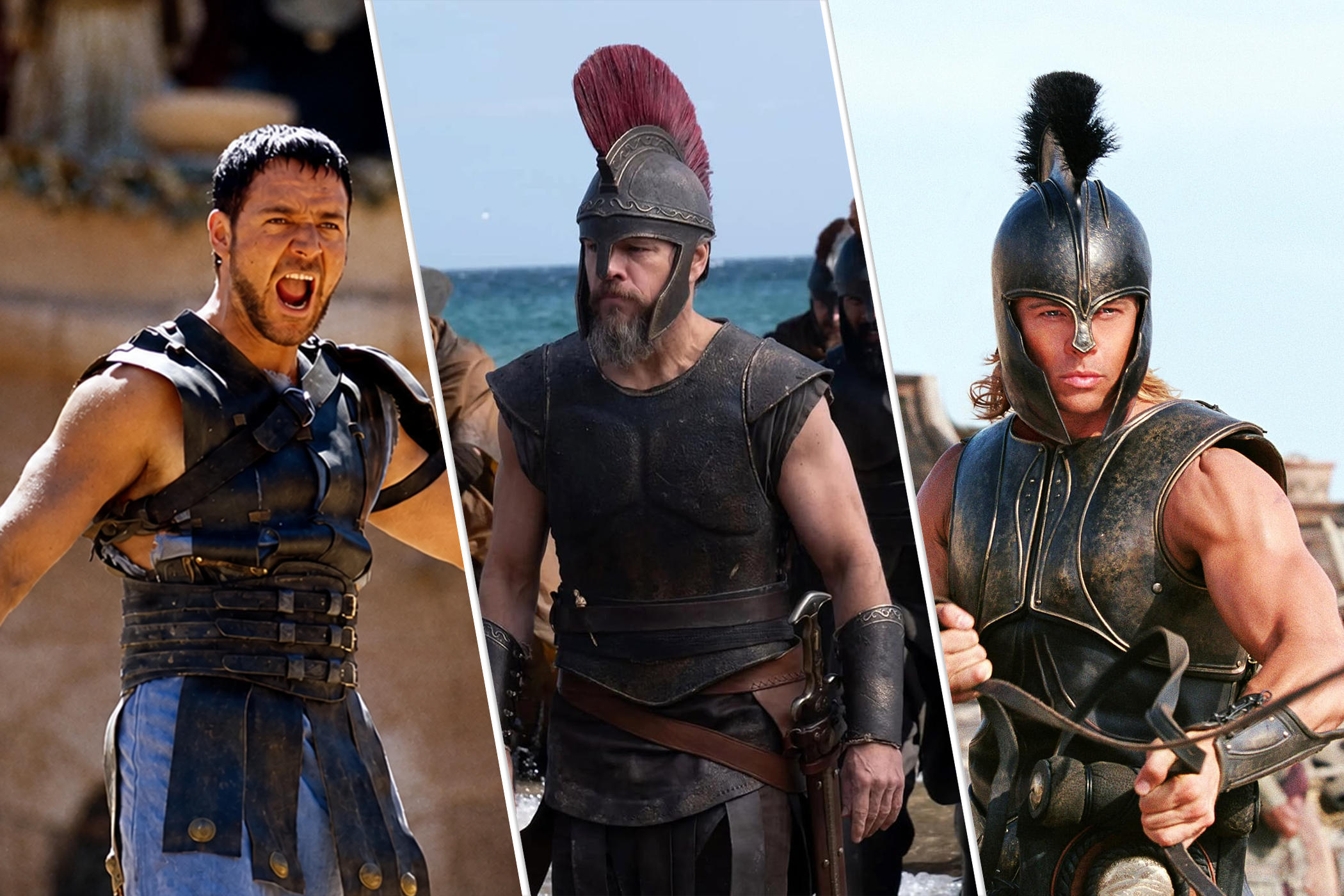 Characters from Gladiator, The Odyssey and Troy side by side.