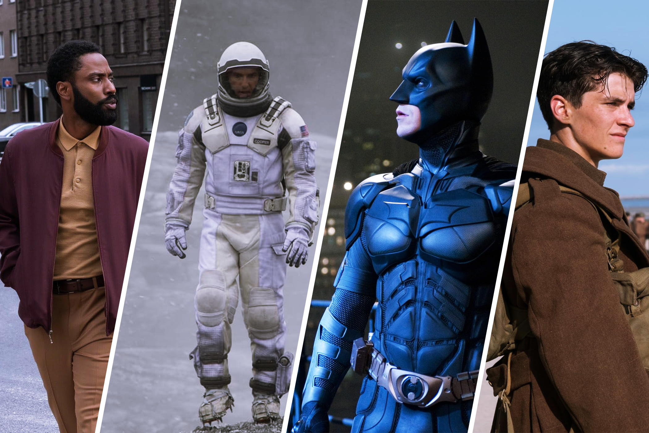 Characters from Tenet, Interestelar, The Dark Knight Rises and Dunkirk side by side.