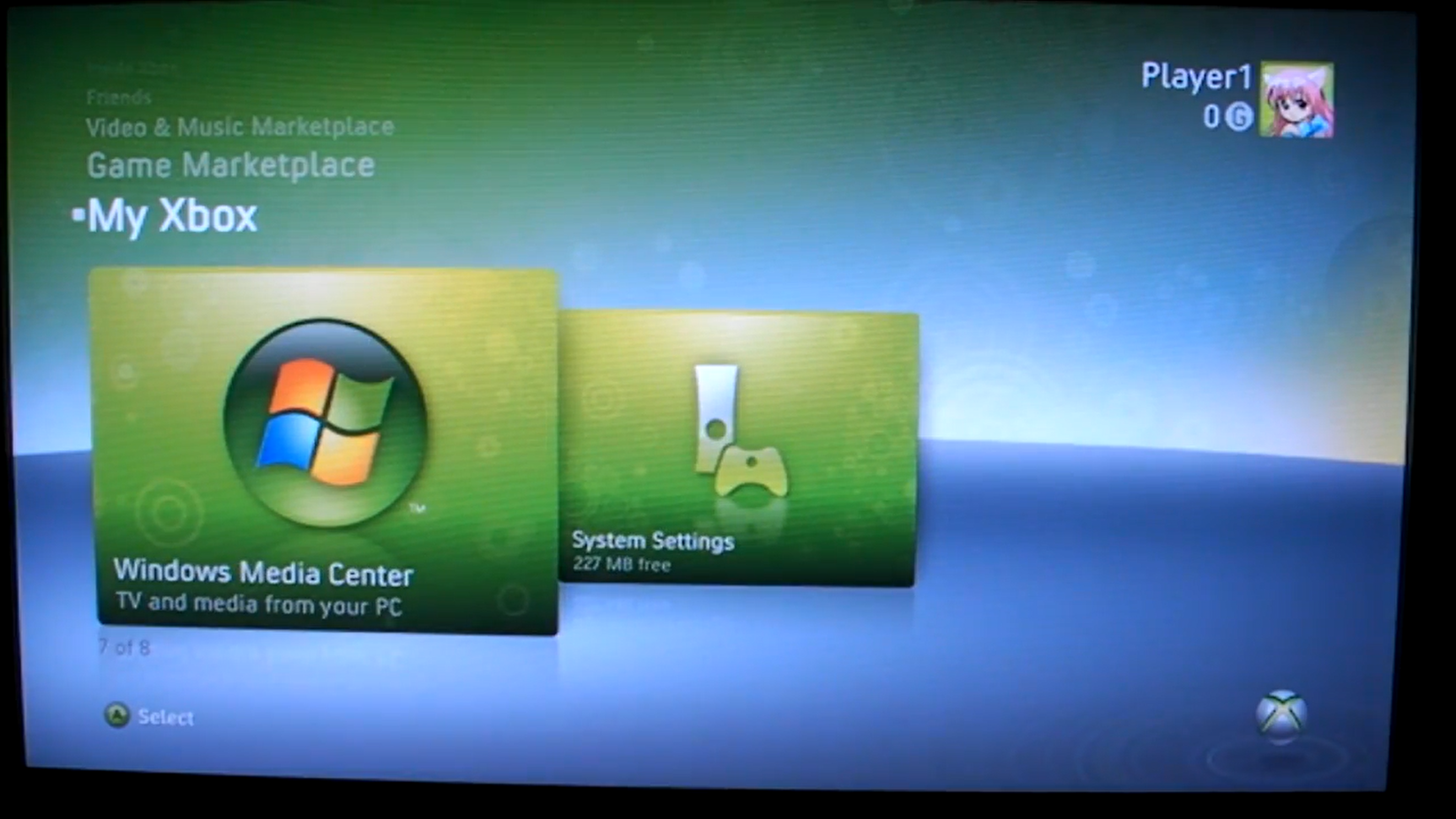 Classic Xbox 360 dashboard menu screen