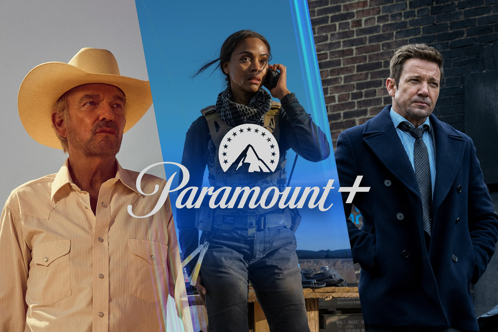 Collage of characters from Lioness, Landman, and Mayor of Kingstown with a large Paramount+ logo in the center