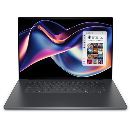 The Dell XPS 16 in a transparent product render.