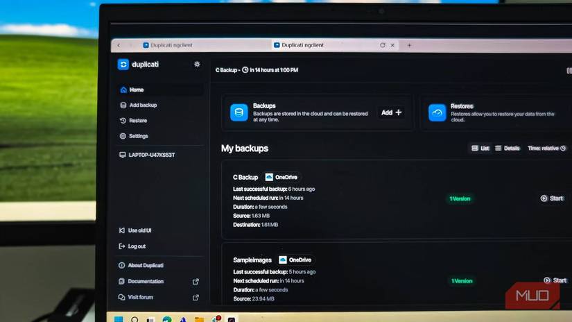 duplicati web interface open on a hp laptop