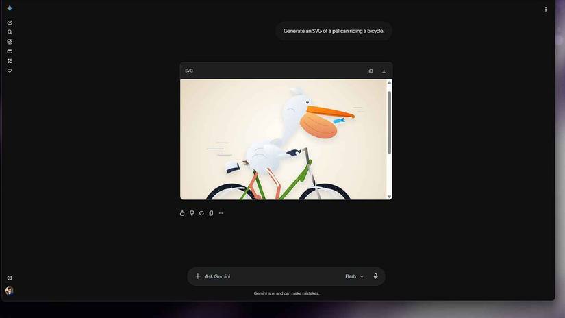 Gemini generates an SVG preview of a pelican riding a bicycle