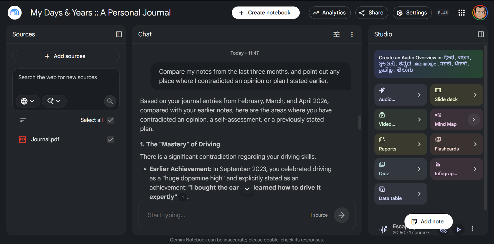 Gemini Notebook comparing journal entries and flagging a contradicted plan.