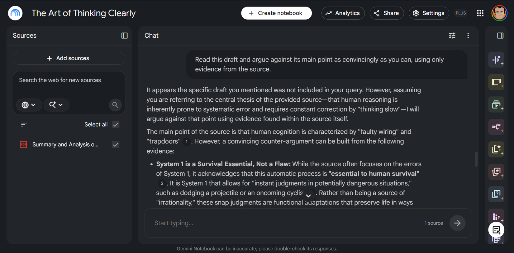 Gemini Notebook generating a counterargument against an uploaded draft.