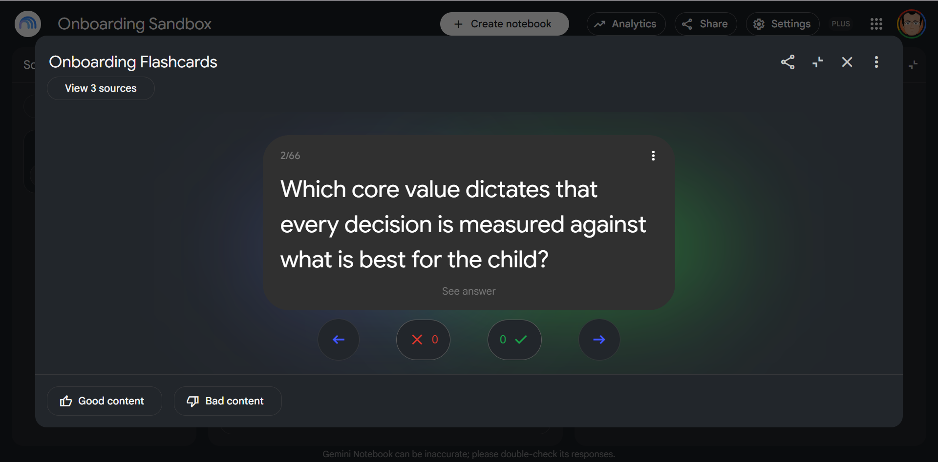 Flashcard view in Gemini Notebook showing a question drawn from source material.