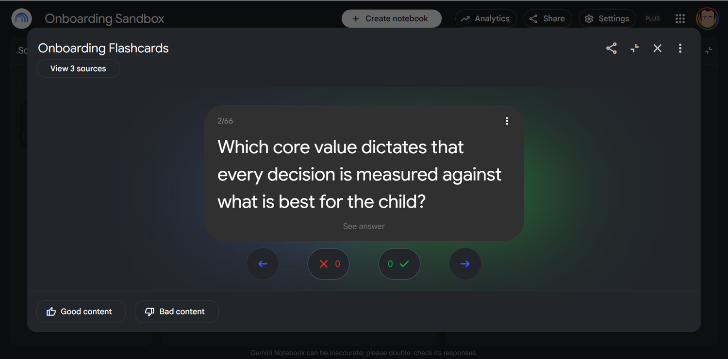 Flashcard view in Gemini Notebook showing a question drawn from source material.