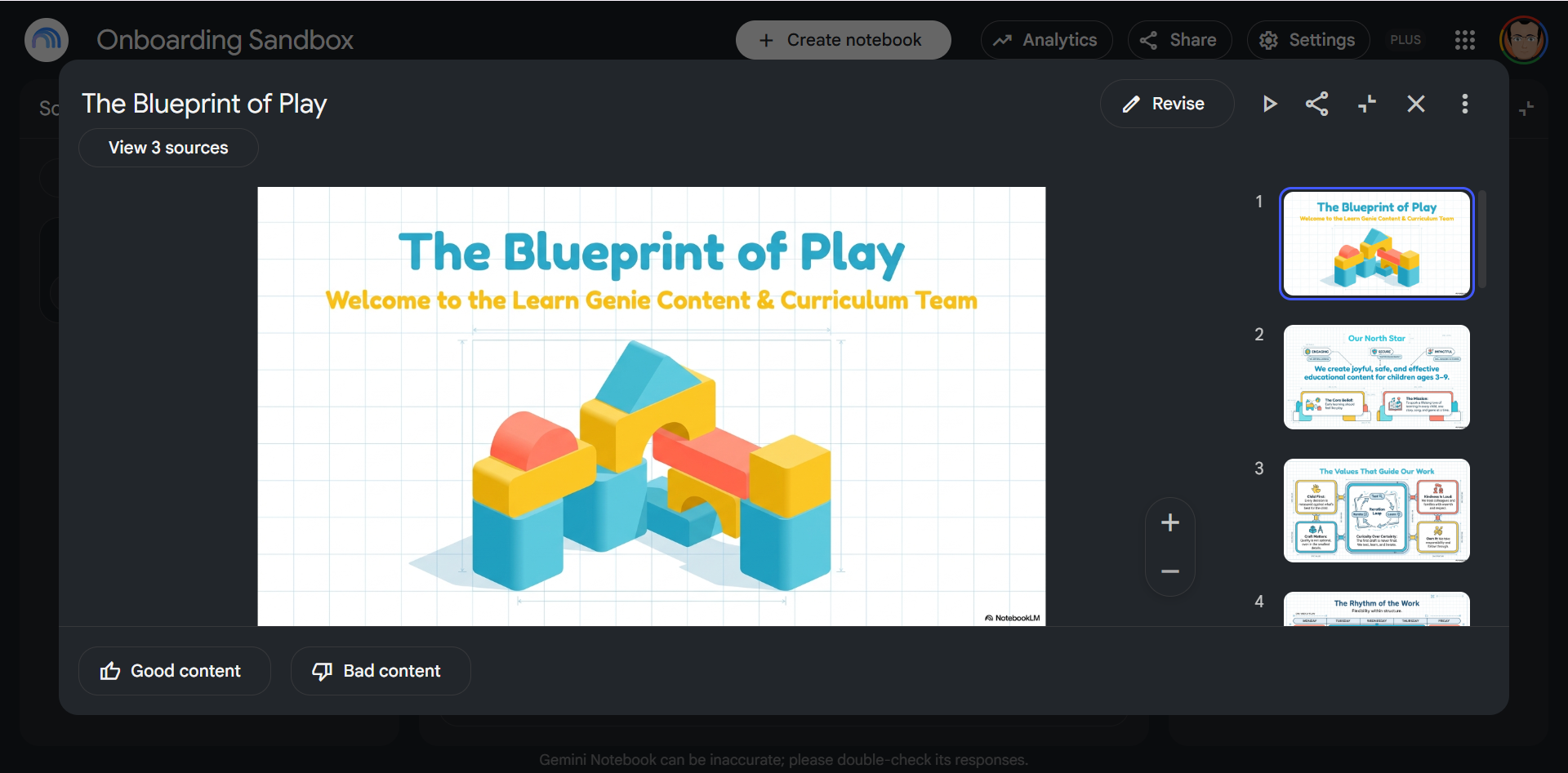 Auto-generated Slide Deck summarizing onboarding material in Gemini Notebook.
