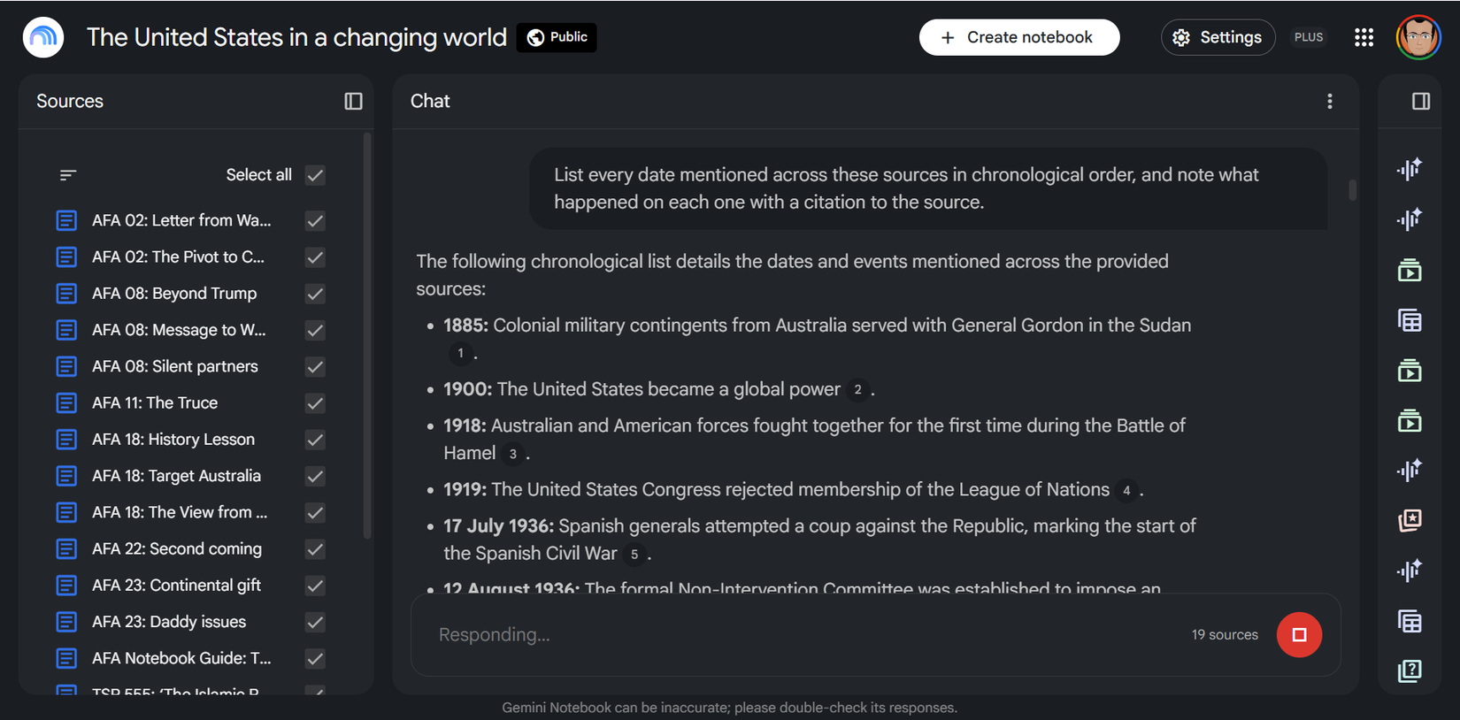 Chronological list of dates and events generated by Gemini Notebook with source citations.