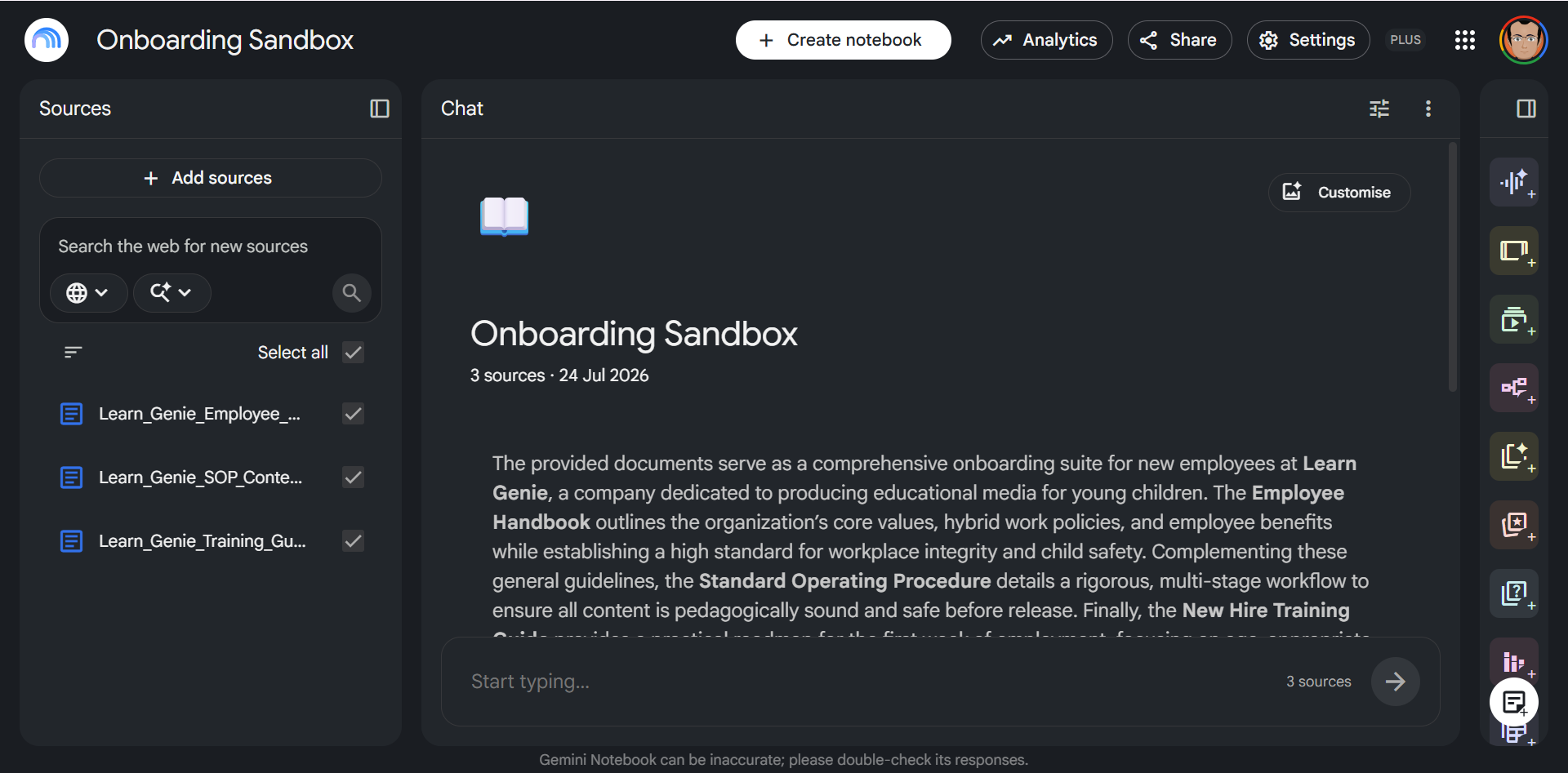 Uploading an employee handbook PDF as a source in Gemini Notebook.