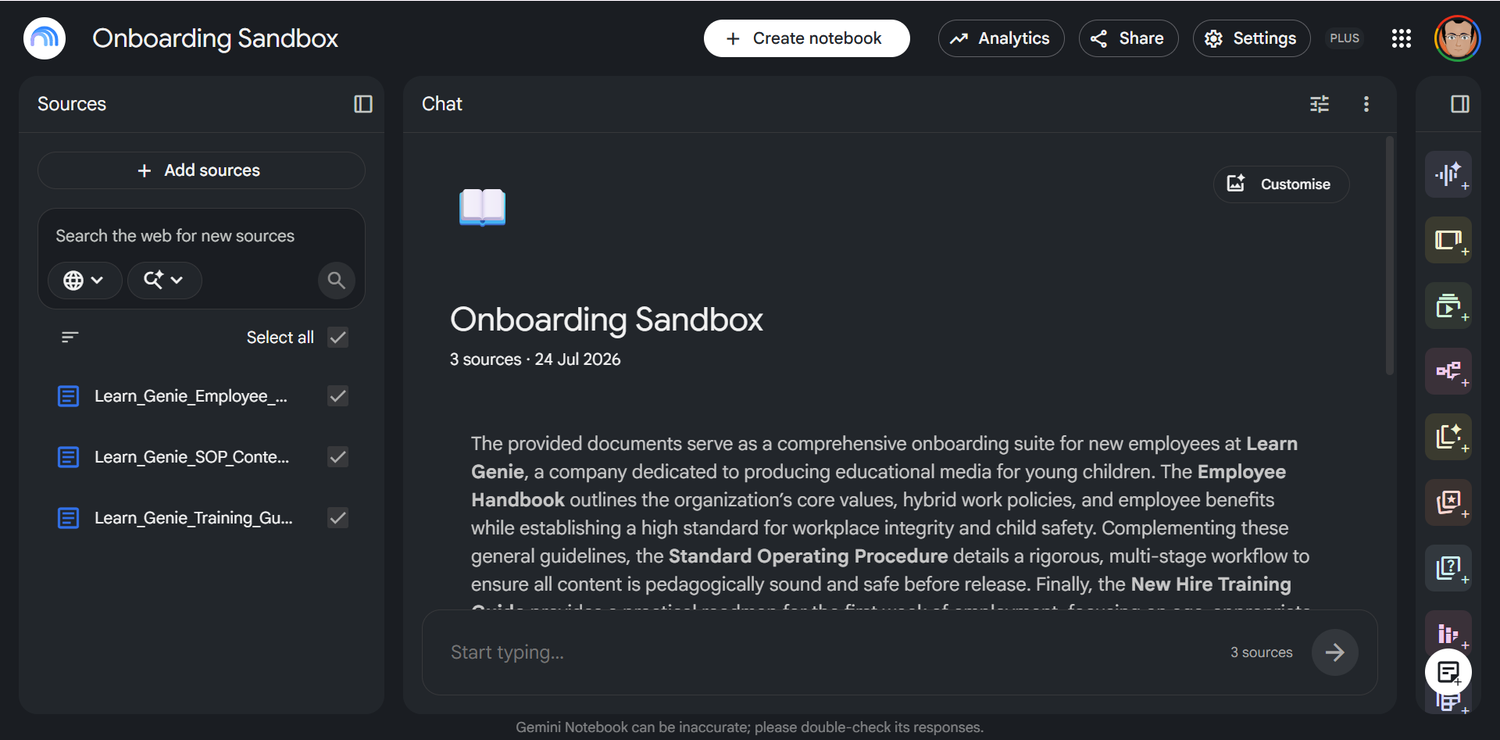 Uploading an employee handbook PDF as a source in Gemini Notebook.